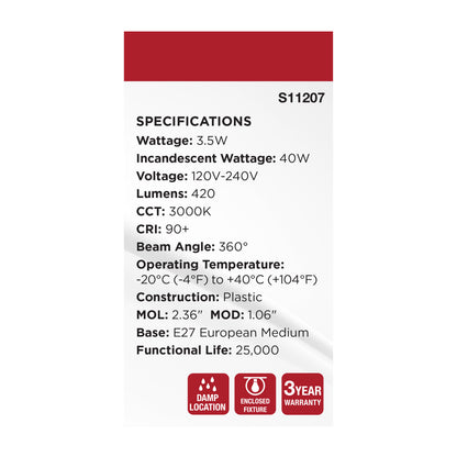 Satco S11207 3.5W T14 Soft White LED Light Bulb European Medium Base