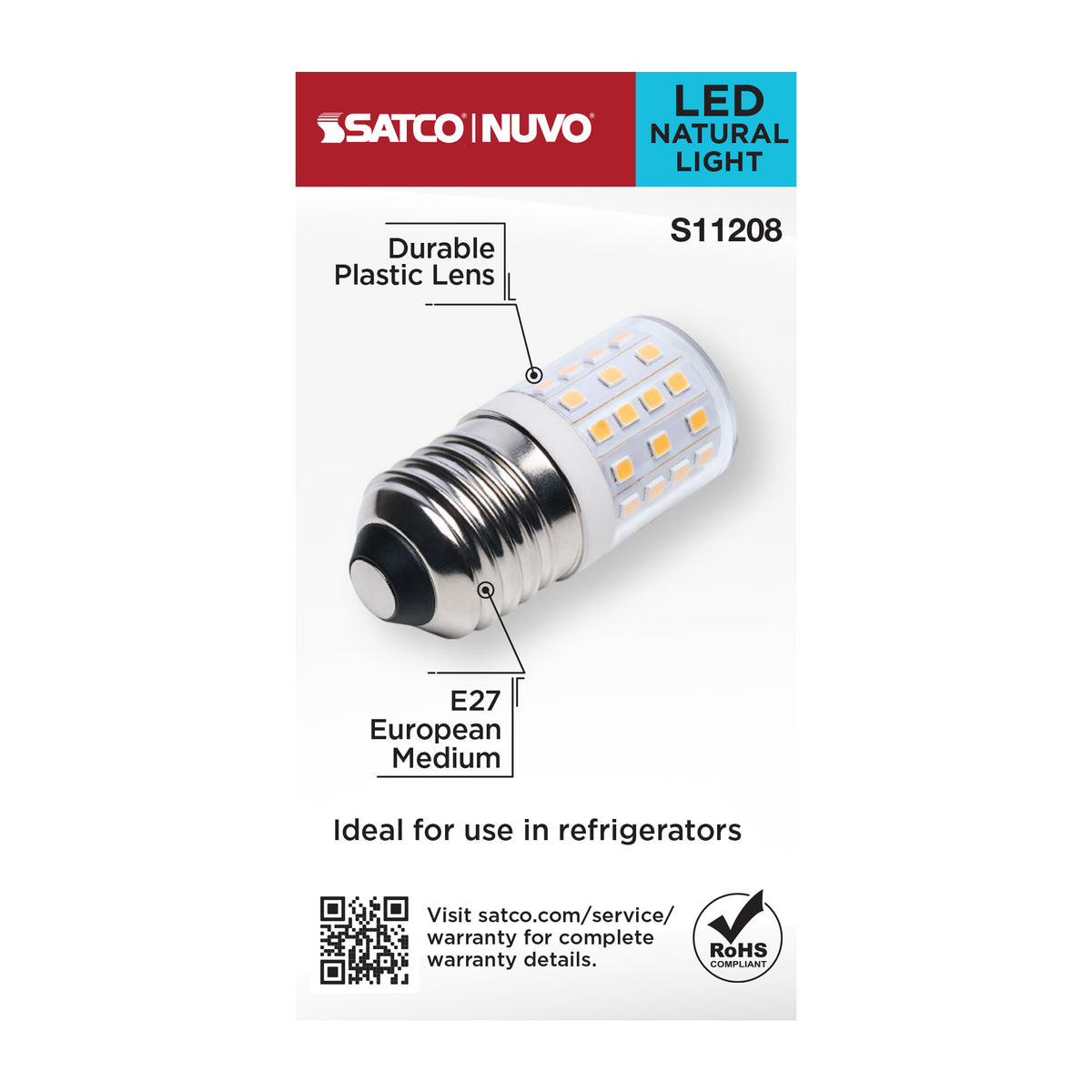 Satco S11208 3.5W T14 Natural Light LED Light Bulb European Medium Base