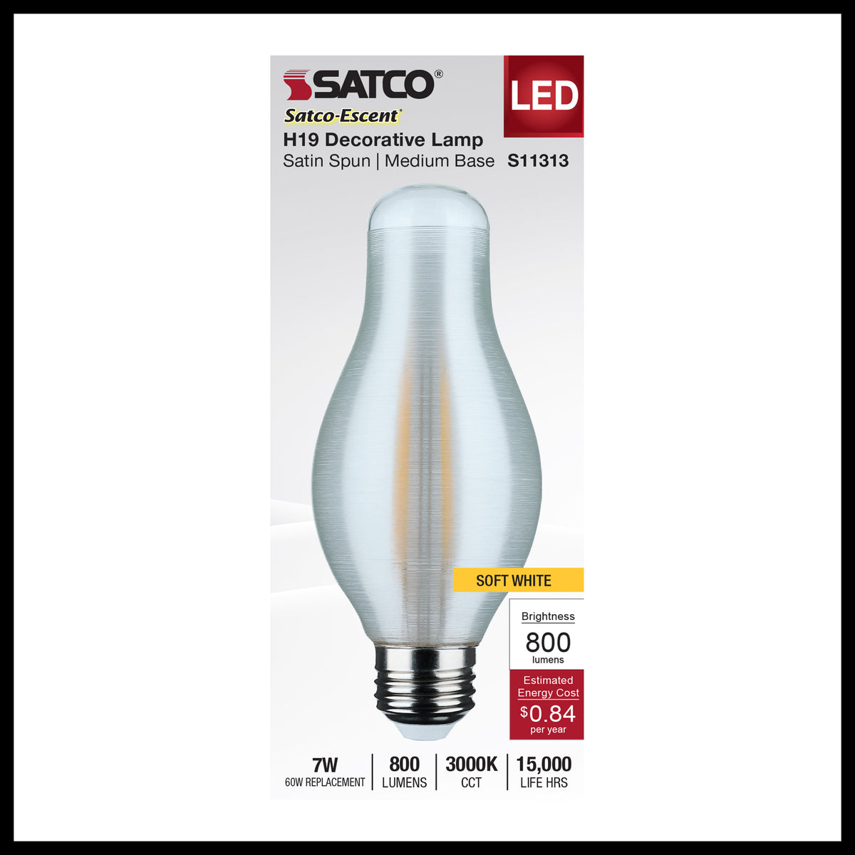 Satco S11313 7W H19 Soft White LED Light Bulb Medium Base