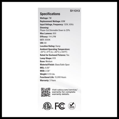 Satco S11313 7W H19 Soft White LED Light Bulb Medium Base