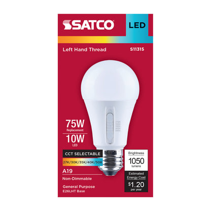 Satco S11315 10W A19 CCT Selectable LED Light Bulb Med Left Hand Thread LHT Base
