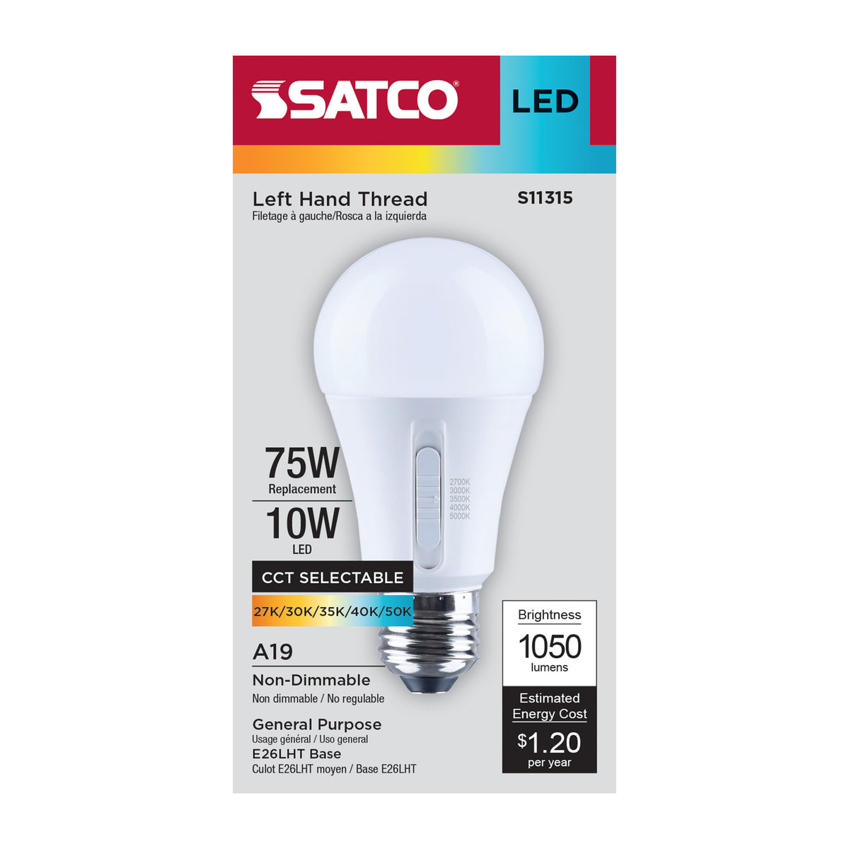 Satco S11315 10W A19 CCT Selectable LED Light Bulb Med Left Hand Thread LHT Base