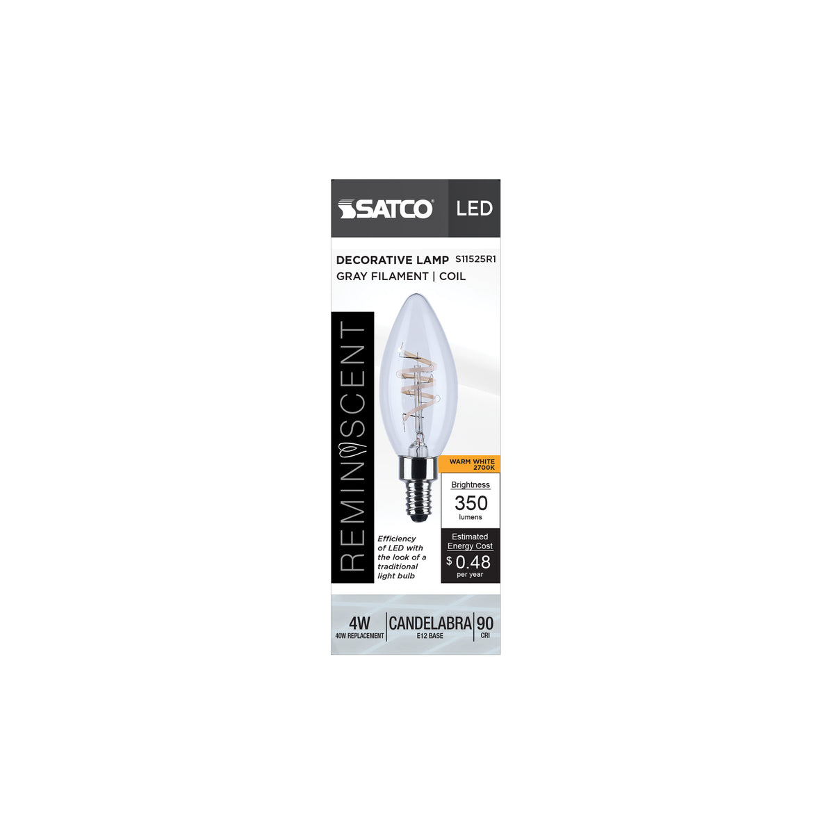 Satco S11525R1 4W B11 Warm White LED Light Bulb Candelabra Base