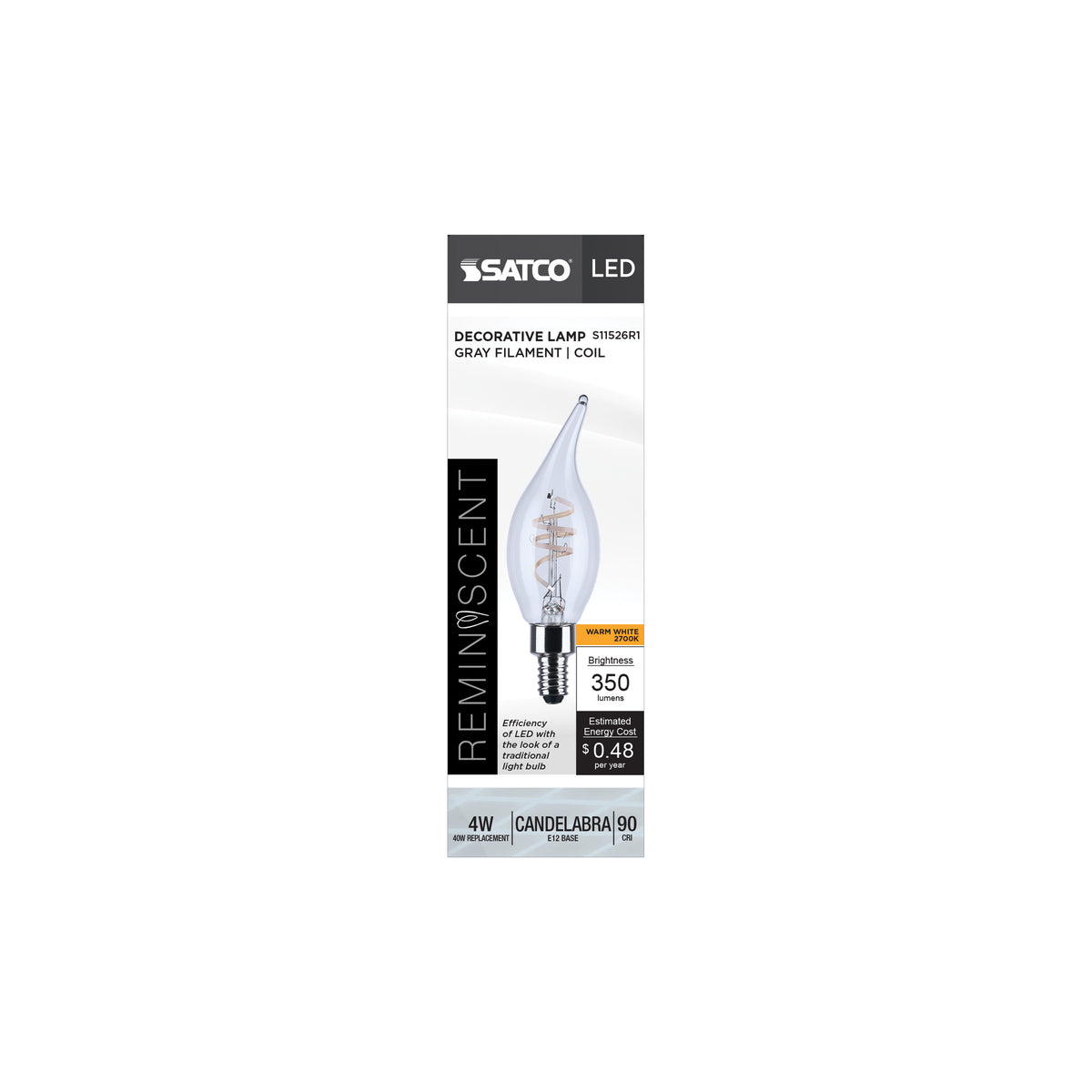 Satco S11526R1 4W CA11 Warm White LED Light Bulb Candelabra Base