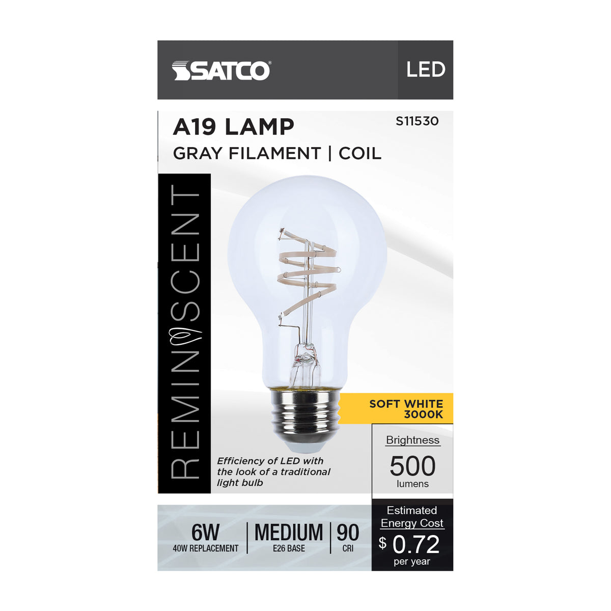 Satco S11530 6W A19 Soft White LED Light Bulb Medium Base