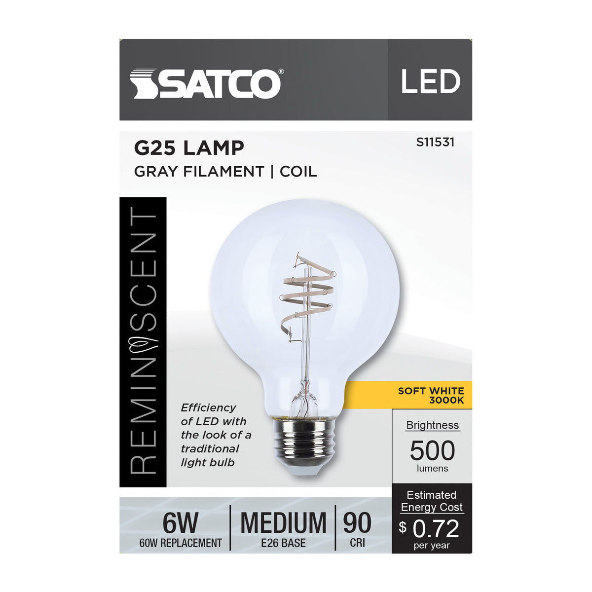 Satco S11531 6W G25 Soft White LED Light Bulb Medium Base