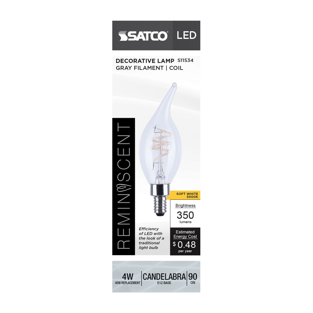 Satco S11534 4W CA11 Soft White LED Light Bulb Candelabra Base