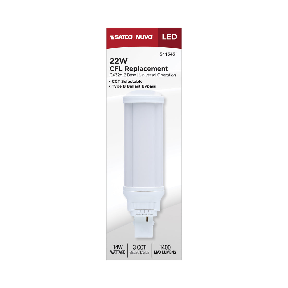 Satco S11545 14W PL CCT Selectable LED Light Bulb GX32d (2-Pin) Base