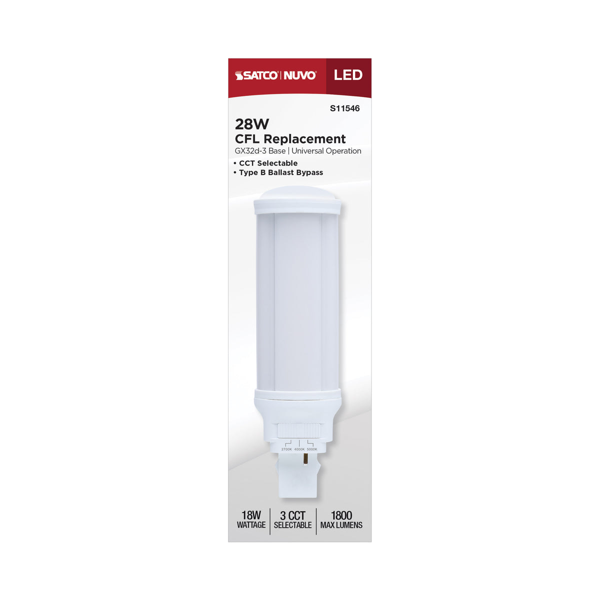 Satco S11546 18W PL CCT Selectable LED Light Bulb GX32d (2-Pin) Base
