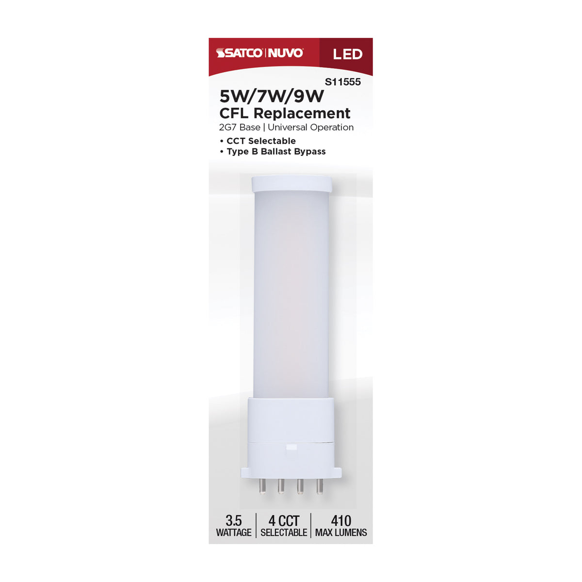 Satco S11555 3.5W PL CCT Selectable LED Light Bulb 2G7 (4-Pin) Base