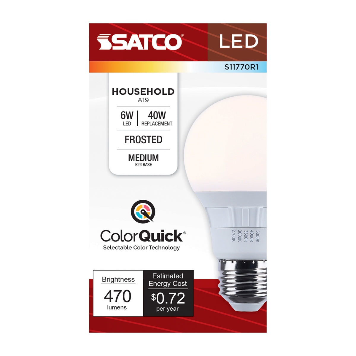 Satco S11770R1 6W A19 CCT Selectable LED Light Bulb Medium Base