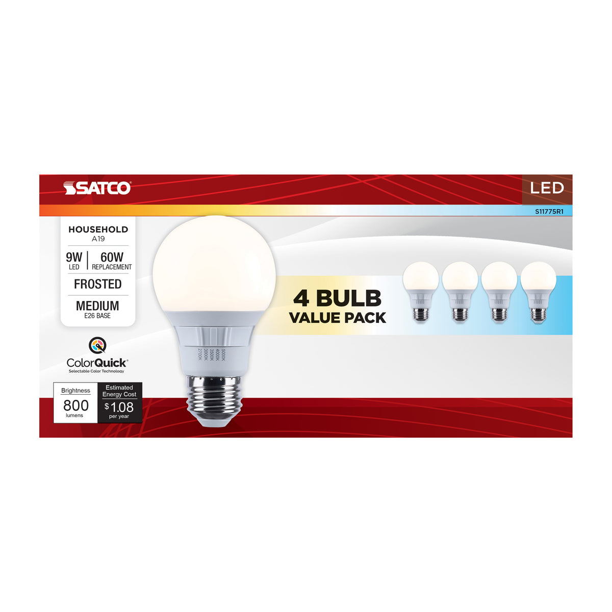 Satco S11775R1 9W A19 CCT Selectable LED Light Bulb Medium Base