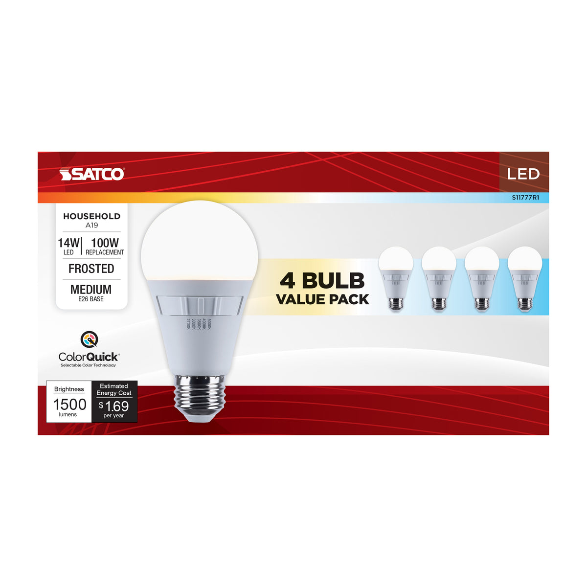 Satco S11777R1 14W A19 CCT Selectable LED Light Bulb Medium Base