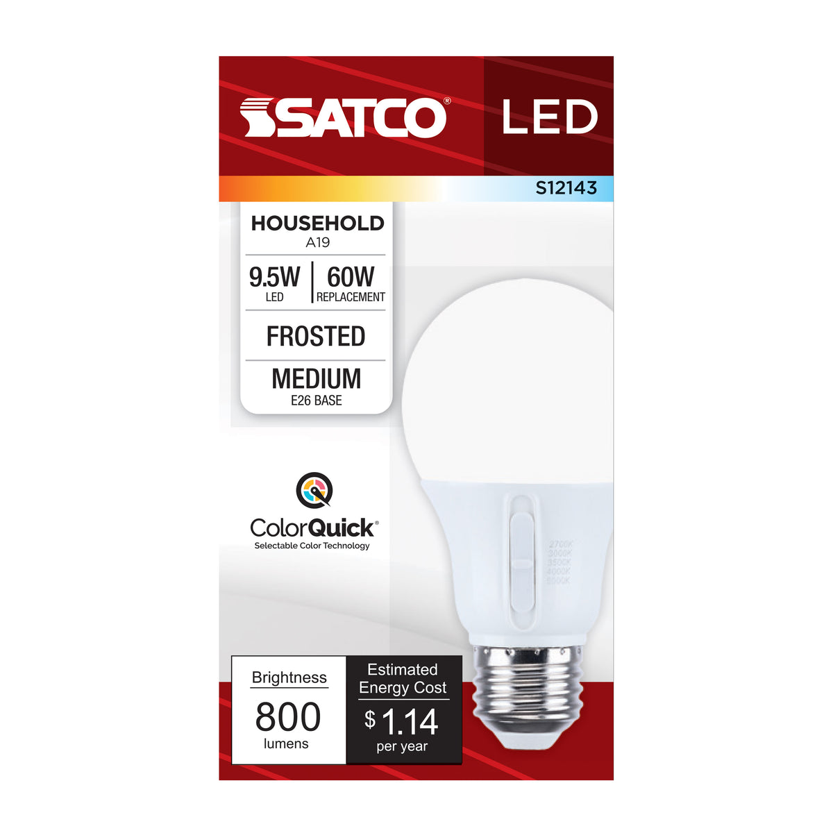 Satco S12143 9.5W A19 CCT Selectable LED Light Bulb Medium Base