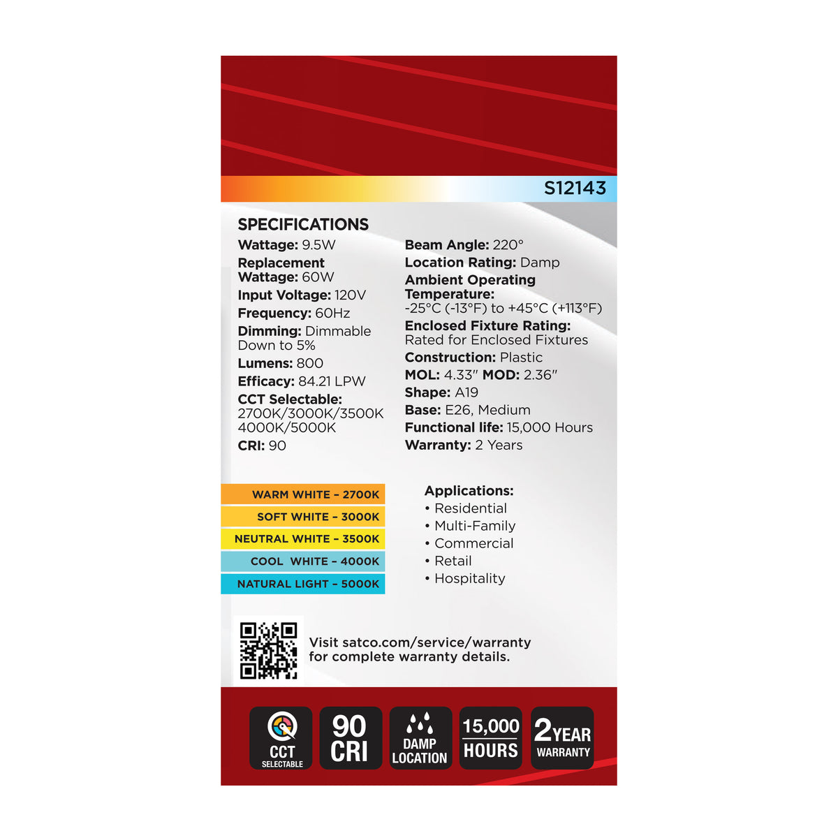 Satco S12143 9.5W A19 CCT Selectable LED Light Bulb Medium Base