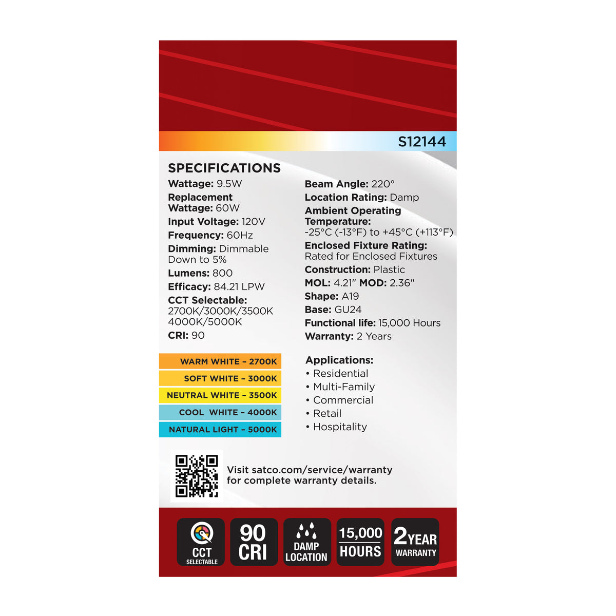 Satco S12144 9.5W A19 CCT Selectable LED Light Bulb Bi Pin GU24 Base
