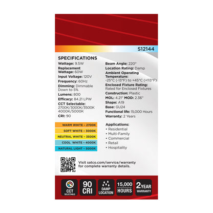 Satco S12144 9.5W A19 CCT Selectable LED Light Bulb Bi Pin GU24 Base