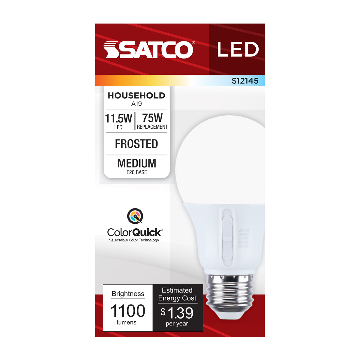 Satco S12145 11.5W A19 CCT Selectable LED Light Bulb Medium Base