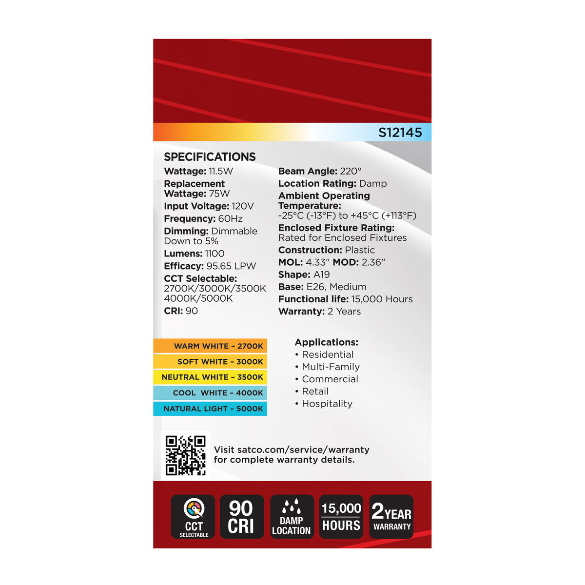 Satco S12145 11.5W A19 CCT Selectable LED Light Bulb Medium Base