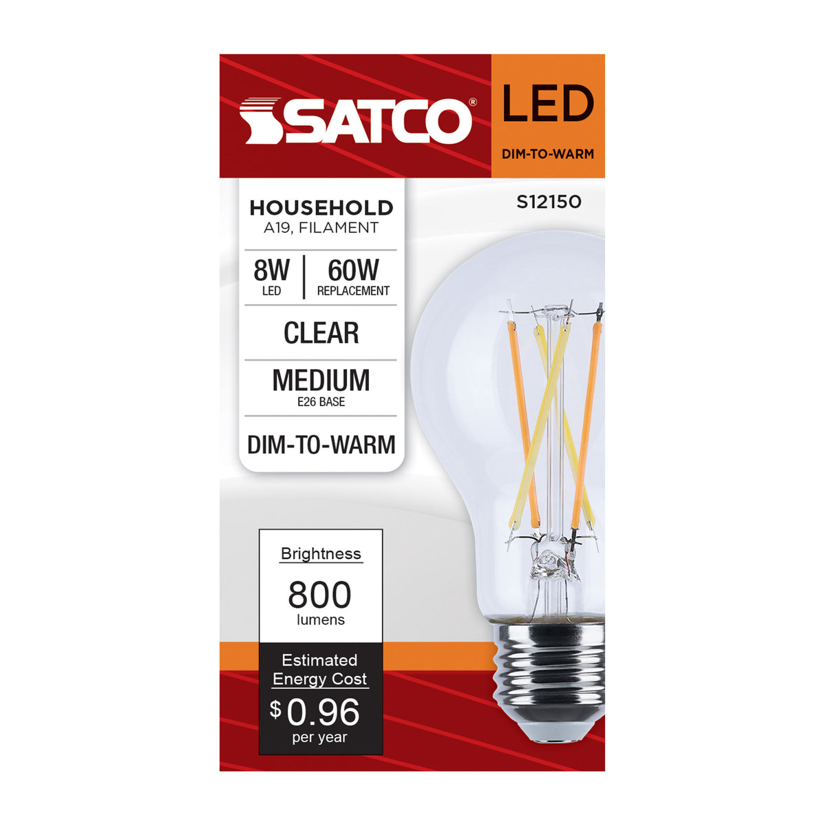 Satco S12150 8W A19 CCT Selectable LED Light Bulb Medium Base