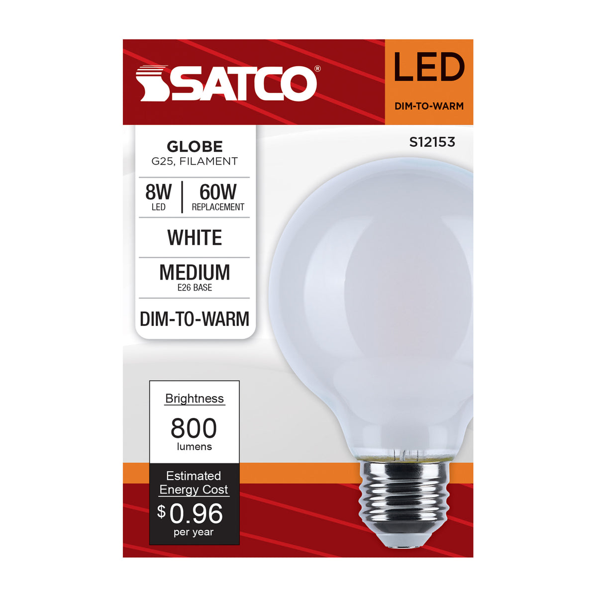 Satco S12153 8W G25 CCT Selectable LED Light Bulb Medium Base