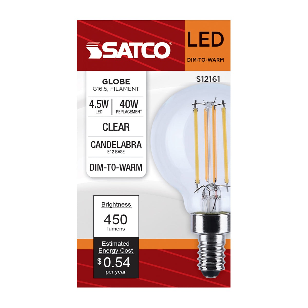 Satco S12161 4.5W G16.5 CCT Selectable LED Light Bulb Candelabra Base