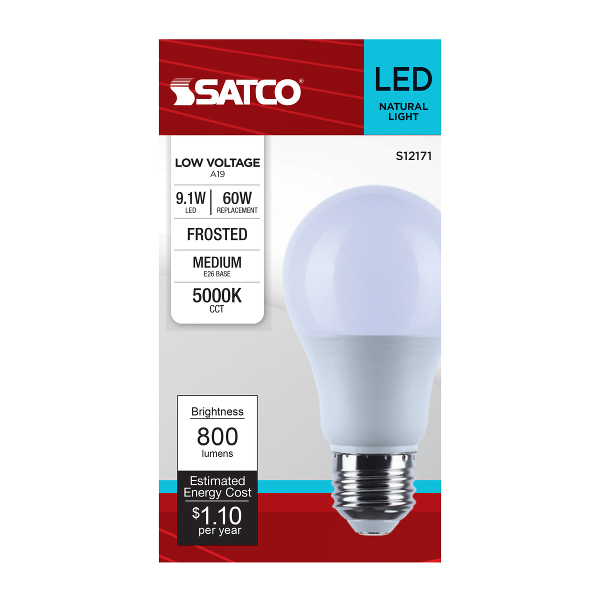Satco S12171 9.1W A19 Natural Light LED Light Bulb Medium Base
