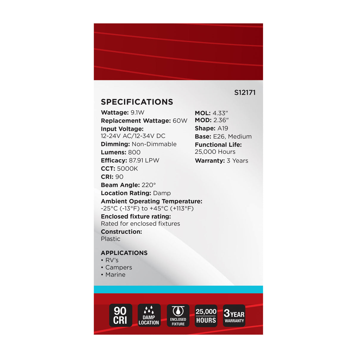 Satco S12171 9.1W A19 Natural Light LED Light Bulb Medium Base