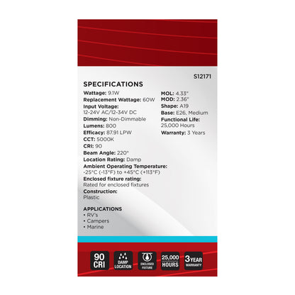 Satco S12171 9.1W A19 Natural Light LED Light Bulb Medium Base
