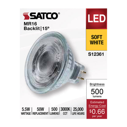 Satco S12361 5.5W MR16 Soft White LED Light Bulb Bi Pin GU5.3 Base