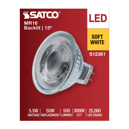 Satco S12361 5.5W MR16 Soft White LED Light Bulb Bi Pin GU5.3 Base