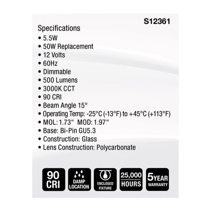 Satco S12361 5.5W MR16 Soft White LED Light Bulb Bi Pin GU5.3 Base