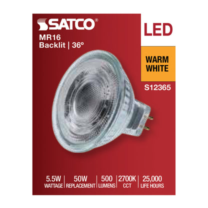 Satco S12365 5.5W MR16 Warm White LED Light Bulb Bi Pin GU5.3 Base