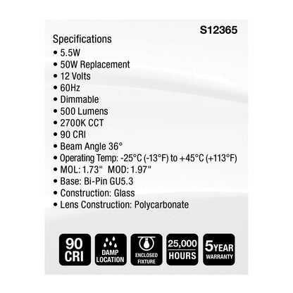 Satco S12365 5.5W MR16 Warm White LED Light Bulb Bi Pin GU5.3 Base