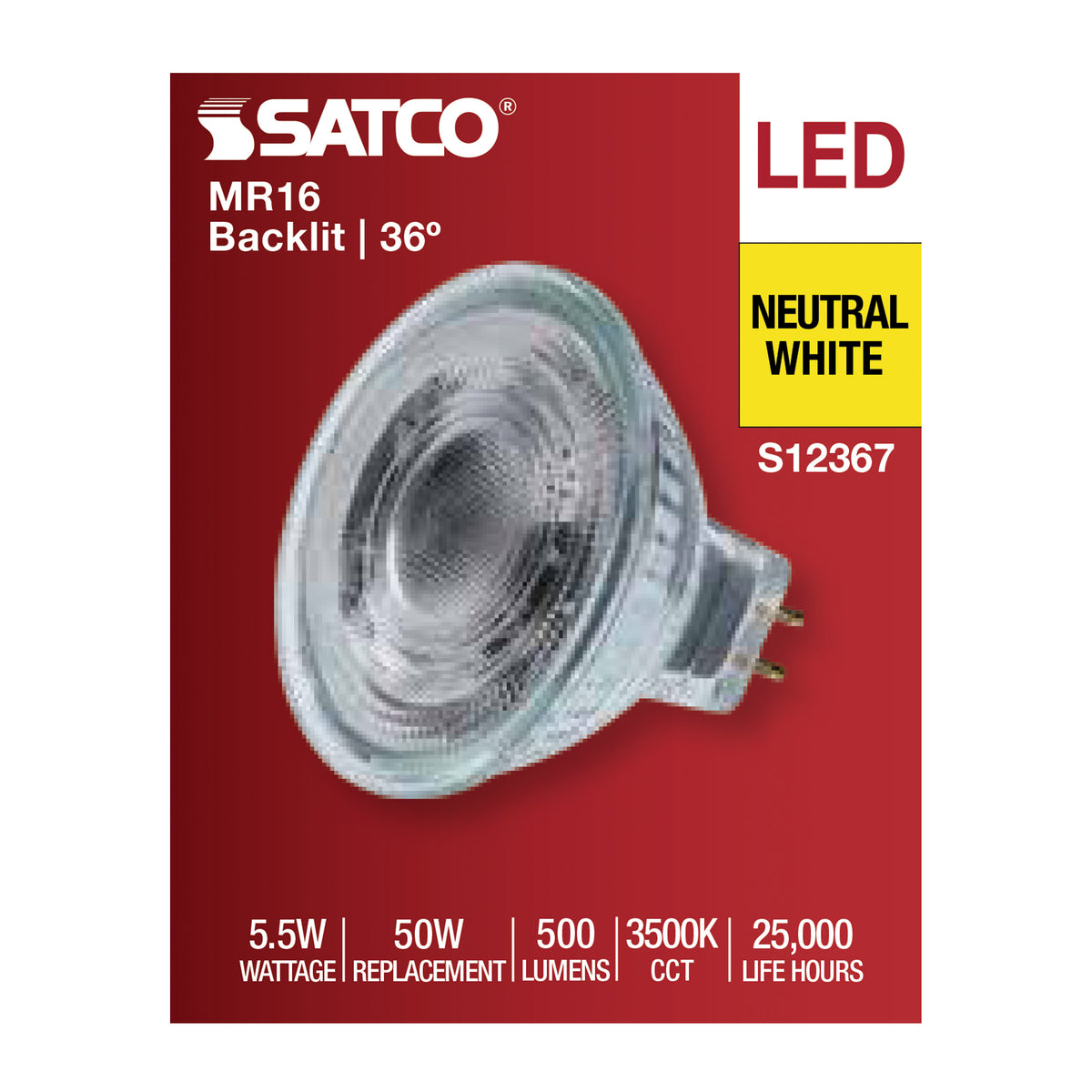 Satco S12367 5.5W MR16 Neutral White LED Light Bulb Bi Pin GU5.3 Base