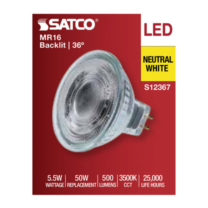 Satco S12367 5.5W MR16 Neutral White LED Light Bulb Bi Pin GU5.3 Base