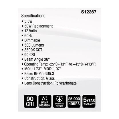 Satco S12367 5.5W MR16 Neutral White LED Light Bulb Bi Pin GU5.3 Base
