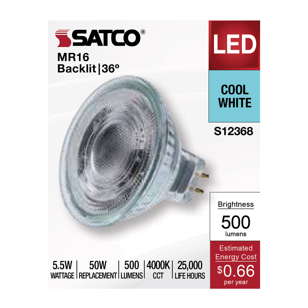 Satco S12368 5.5W MR16 Cool White LED Light Bulb Bi Pin GU5.3 Base