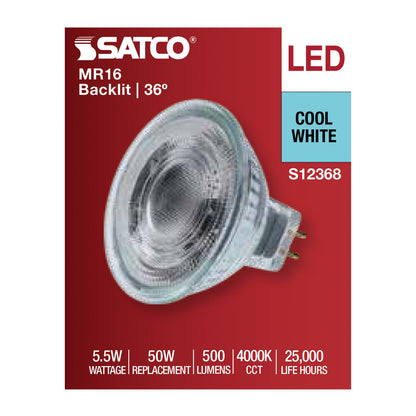 Satco S12368 5.5W MR16 Cool White LED Light Bulb Bi Pin GU5.3 Base