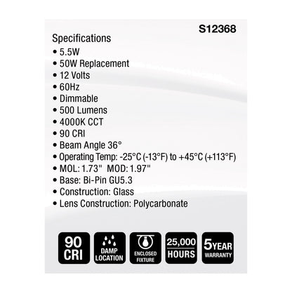 Satco S12368 5.5W MR16 Cool White LED Light Bulb Bi Pin GU5.3 Base