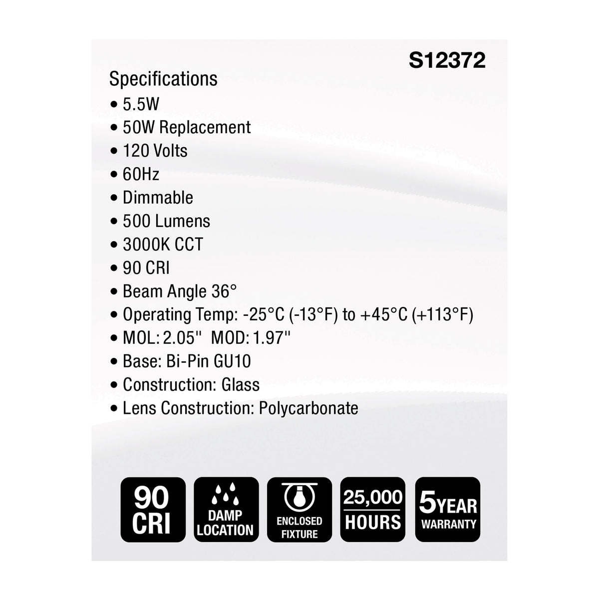 Satco S12372 5.5W MR16 Soft White LED Light Bulb Bi Pin GU10 Base