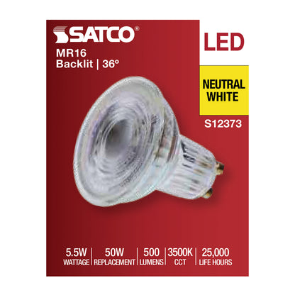Satco S12373 5.5W MR16 Neutral White LED Light Bulb Bi Pin GU10 Base