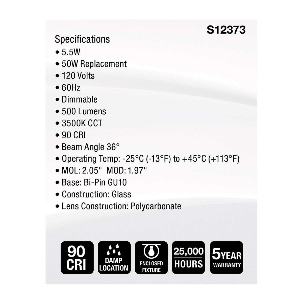 Satco S12373 5.5W MR16 Neutral White LED Light Bulb Bi Pin GU10 Base