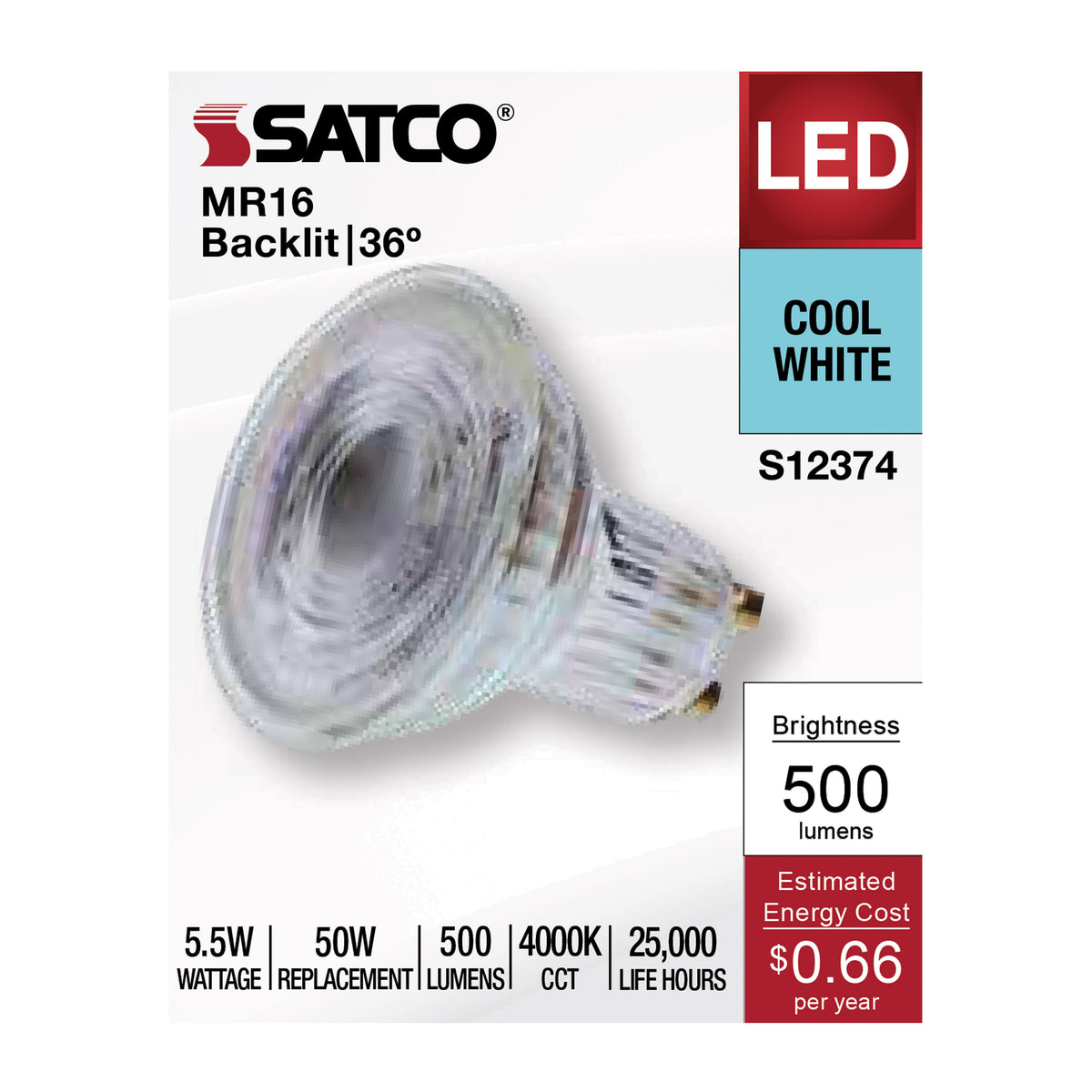 Satco S12374 5.5W MR16 Cool White LED Light Bulb Bi Pin GU10 Base