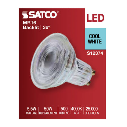Satco S12374 5.5W MR16 Cool White LED Light Bulb Bi Pin GU10 Base