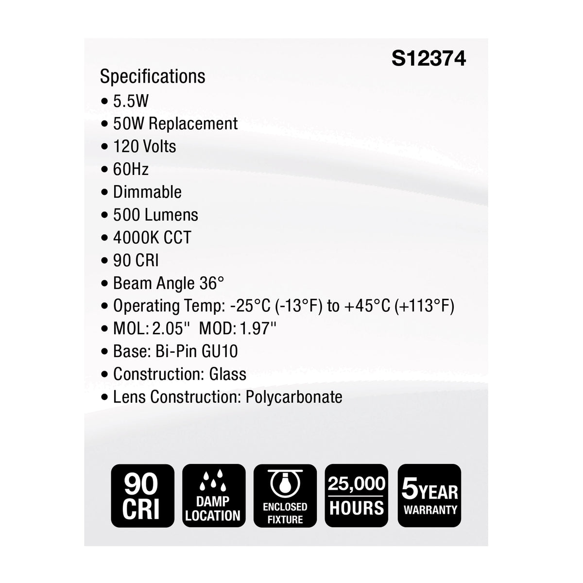 Satco S12374 5.5W MR16 Cool White LED Light Bulb Bi Pin GU10 Base