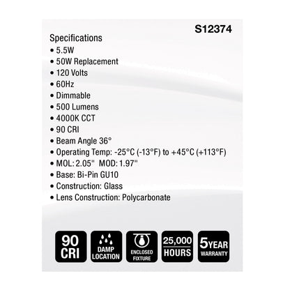 Satco S12374 5.5W MR16 Cool White LED Light Bulb Bi Pin GU10 Base