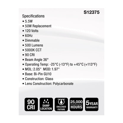 Satco S12375 5.5W MR16 Natural Light LED Light Bulb Bi Pin GU10 Base