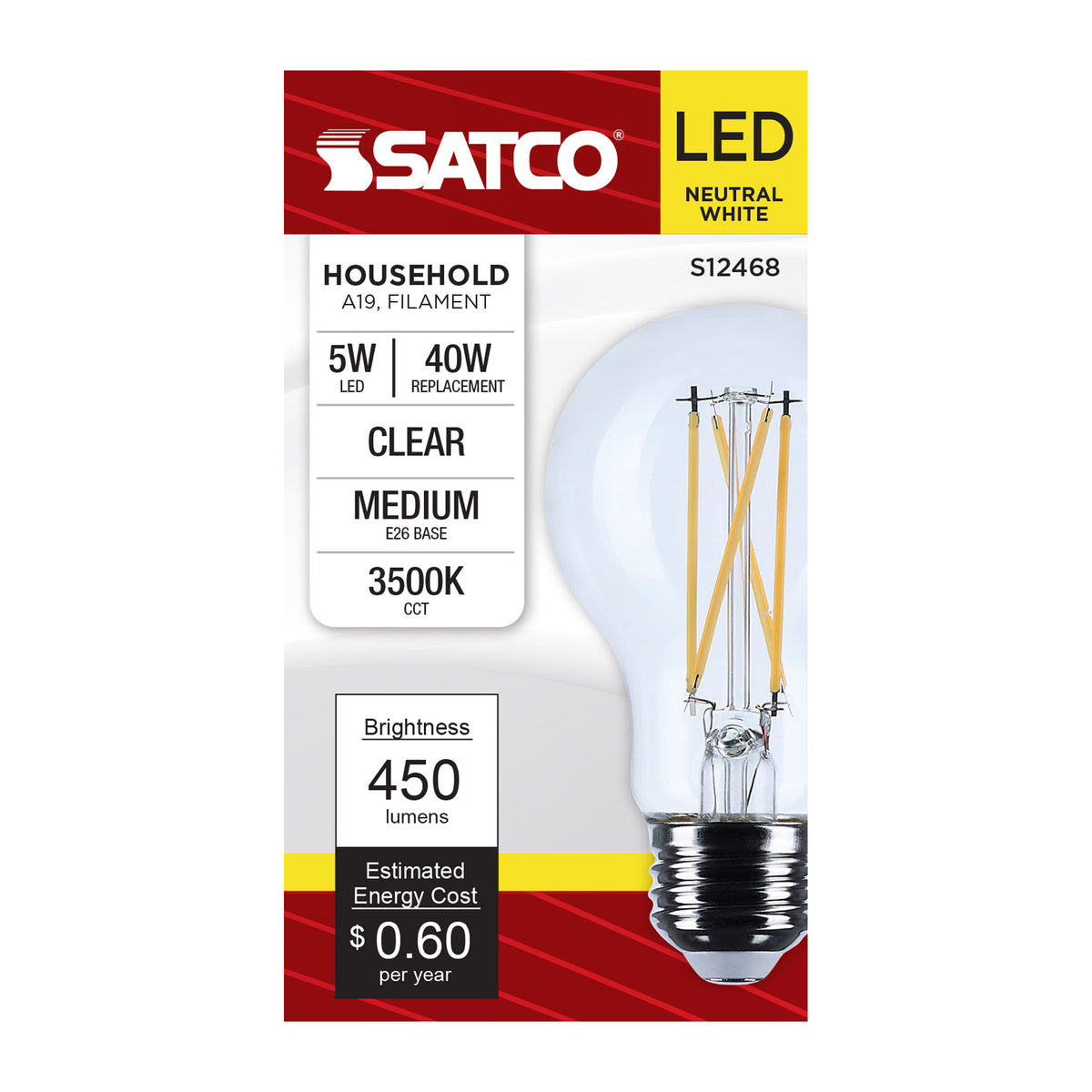 Satco S12468 5W A19 Neutral White LED Light Bulb Medium Base