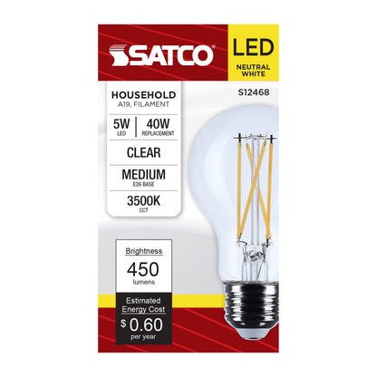 Satco S12468 5W A19 Neutral White LED Light Bulb Medium Base